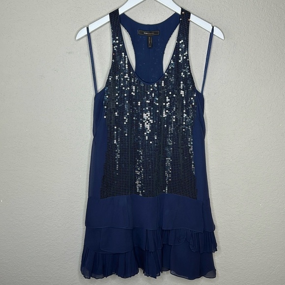 BCBGMaxAzria South Pacific Navy Blue Silk Sequined Racerback Slip Dress  Size XS